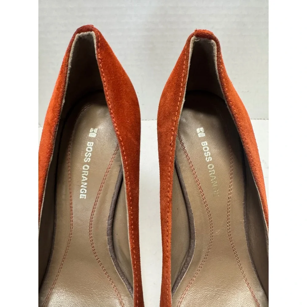 Boss Orange Burnt Orange Suede Peep Toe Platform Espadrille Block Heels 39 8.5